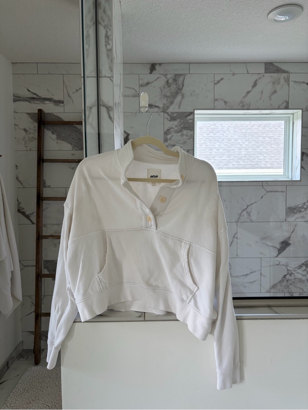 AERIE White Funnel Neck Button Pullover Sweatshirt